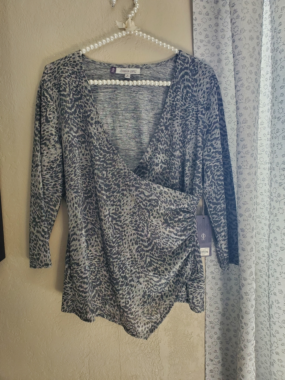 Jennifer Lopez Long Sleeve Grey Animal Print Wrap Blouse
